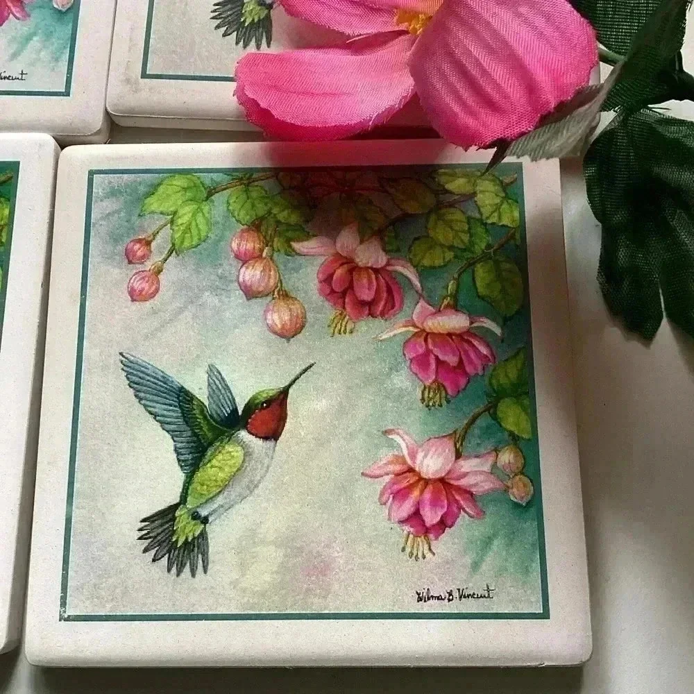 Vintage Hummingbird Set of 4 Coasters Pink Fuchsia Highlights ceramic coasters - Picture 4 of 15